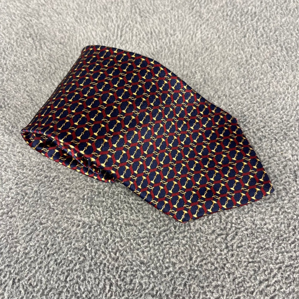 Bill Blass Lord & Taylor Necktie Navy Gold Red Silk Horse Bit Geometric Chain